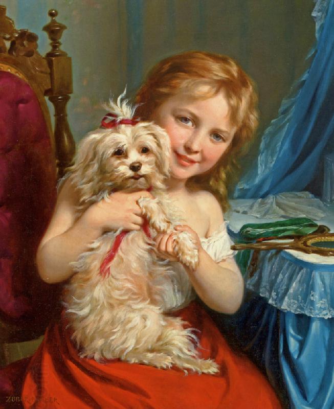 Fritz Zuber-Buhler Young Girl with Bichon Frise China oil painting art